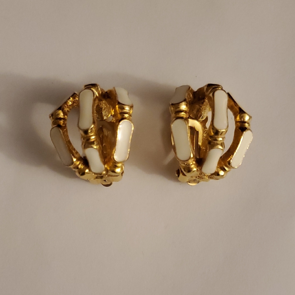 David Hill Vintage Clip On Earrings Gold and White Enamel